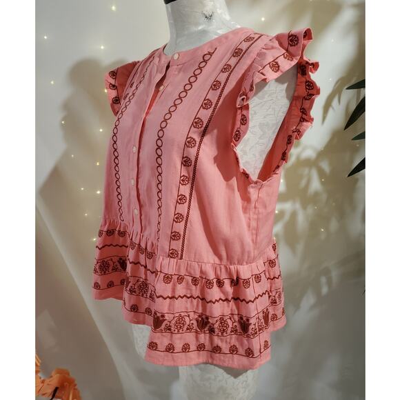 Loft NWT Womens Floral Embroidered Henley Button Peplum Shell Top Size M Pink - Picture 2 of 10